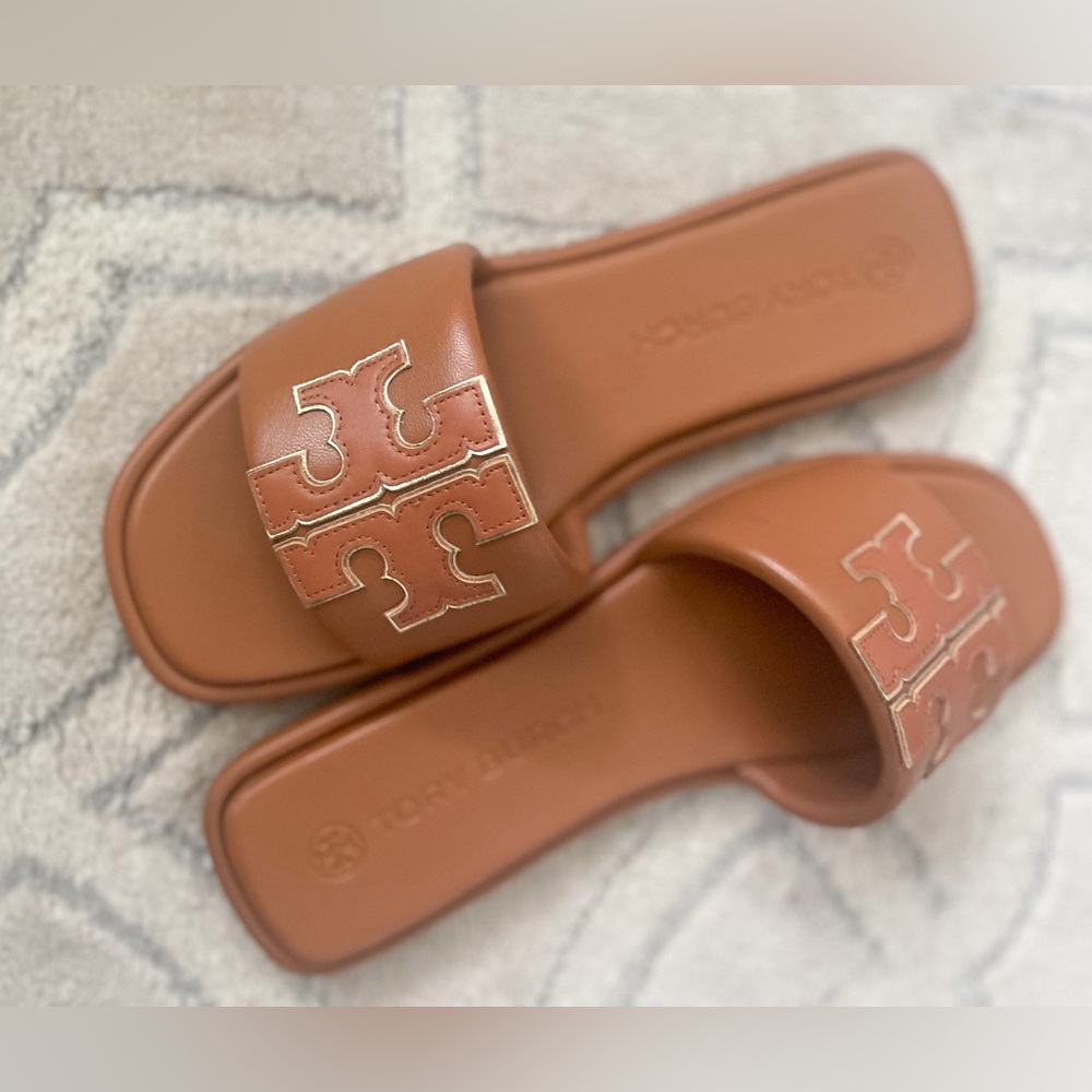 Like New | Tory Burch • Double T Sport Slide | Bourban Miele / Gold